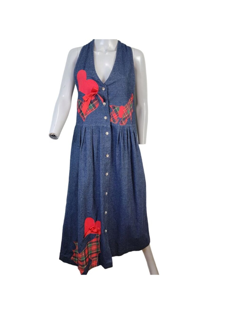Vintage 90s Denim Maxi Dress Women Medium Scottie Dog Embroidered Teacher 8 10 M - Picture 11 of 15